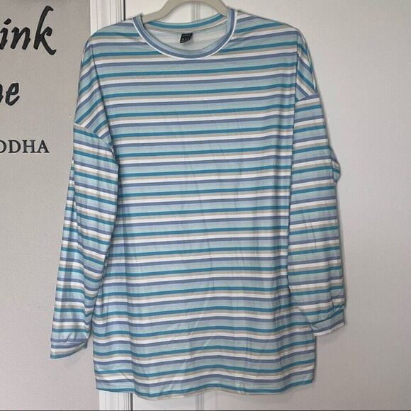Colorful Striped Drop Shoulder Tee (Pastel Long Sleeve) Oversized Womens Top XS - Picture 4 of 8